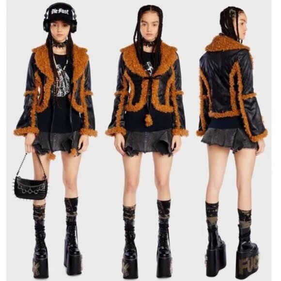 💥RETRO CHIC💥Shearling Trim Jacket in Black & Brown - Picture 1 of 13